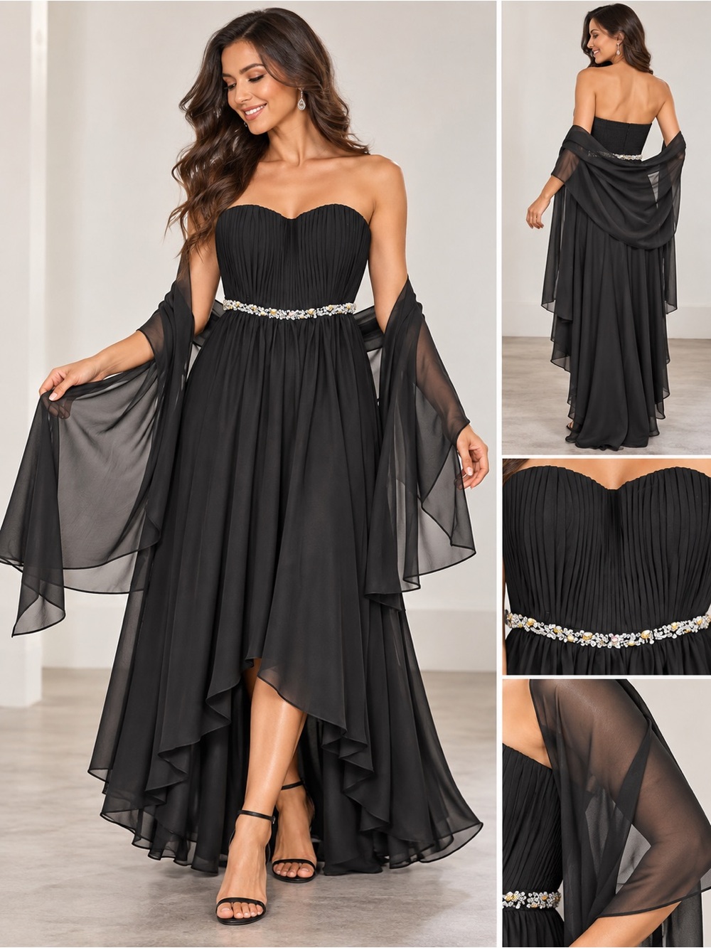 Dancing Queen Black Strapless High-Low Chiffon Gown with Beaded Waist